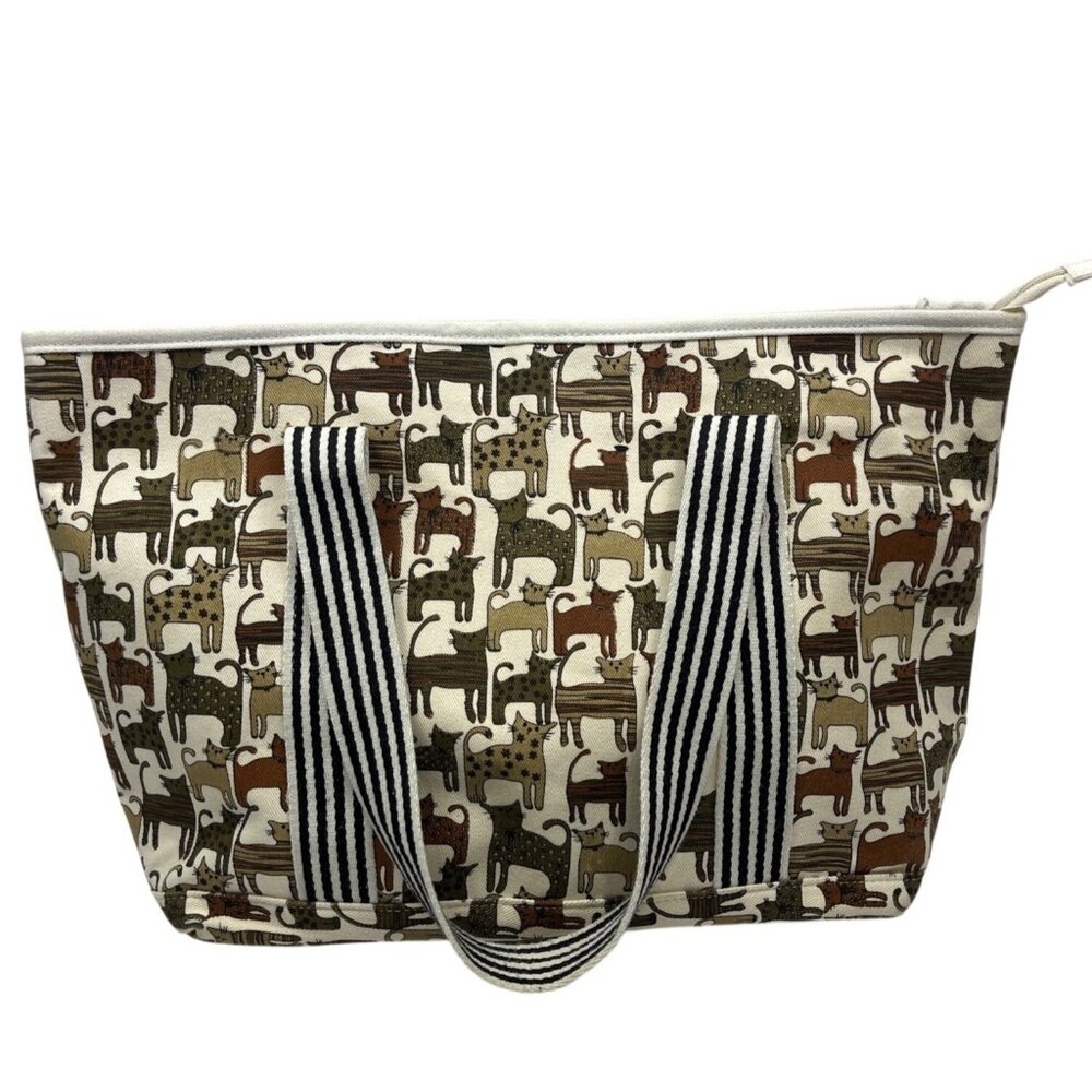 Cat-Print Canvas Tote Bag With Zipper Closure & Striped Handles 18"x12"x5" 76c - Picture 2 of 8